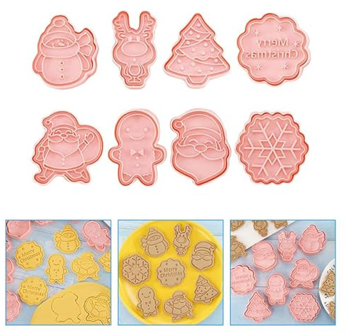 8Pcs Christmas Cookie Molds Set Reusable Plastic Biscuit Cutters Xmas Style Cookie Press Molds for DIY Decorative Baking Kitchen Accessories
