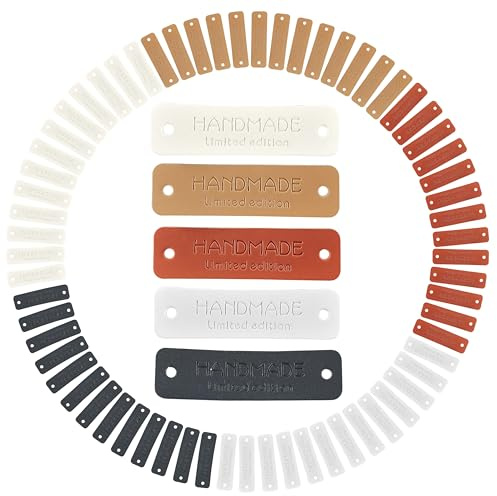 LUFFLOK 70 Stück Handmade Label zum Annähen Häkel-Tags aus PU Leder mit Löchern | Bunte Farben Hand made Etikette für Stricken, DIY, Basteln, Häkelarbeiten, Stoff, Hüte, Taschen, Kleidung (70 Stück)
