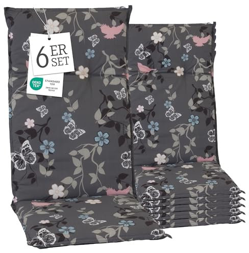 Beo® Hochlehner Gartenstuhlauflagen Barcelona | 6er Set Sitzkissen Outdoor | Waschbar & UV-beständig | Atmungsaktiv | Made in EU | Öko-Tex Standard | Blumenranke Design