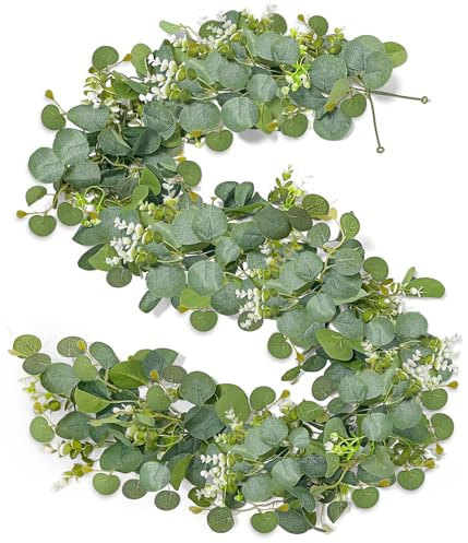 2 Pezzi Ghirlande Artificiali di Eucalipto, 1,8m Vite di Eucalipto Artificiali Piante, Eukalyptus Girlande con Foglie Verdi e Fiori Bianchi, per Sfondo Decorazione Matrimonio Centrotavola (Verde)