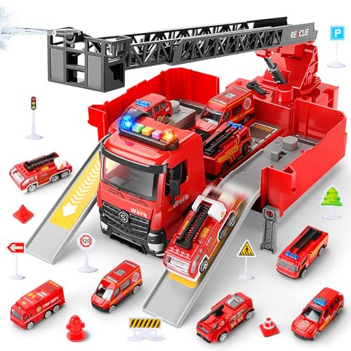 BuntWunder Camion Pompieri Giocattolo per Bambini, Autopompa dei Vigili del Fuoco con Luci e Suoni, Pompiere Giocattoli con Irrigatore e Scala Retrattile, Regalo Antincendio Bambini 3 4 5 6 7 8 Anni