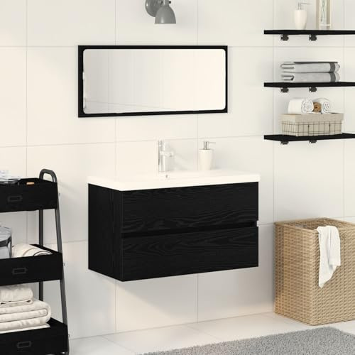 BARULUOAKLIFE Mobiletto Lavandino Bagno Legno Ingegnerizzato Finitura Rovere Nero con Lavabo Integrato e Rubinetto Doppio Cassetto Spazioso Design Moderno per Interni