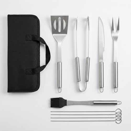 Set 9 Pezzi Utensili Barbecue Professionali in Acciaio Inox – Kit Accessori BBQ Completo con Custodia – Attrezzi per Griglia, Camino, Forno, Grigliate da Giardino
