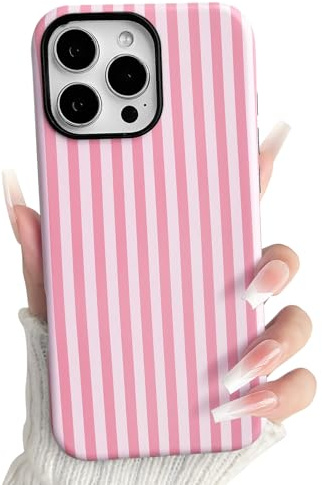 NITITOP Cover per iPhone 16 Pro Max Carina Striped Design, Rosa | per Ragazze Donna, a Strisce Verticali Motivo, Aesthetic Righe, Opaca Due Strati Antiurto Protezione, PC Resistente