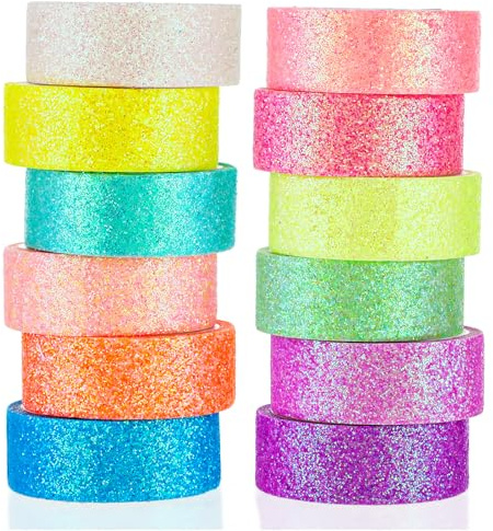 TIESOME 12 rullar glitter washi tejp, glittrande band för pyssel gör-det-själv papperstejp, färgglada för gör-det-själv hantverk bullet journals planerare scrapbooking förpackning 2 m x 15 mm