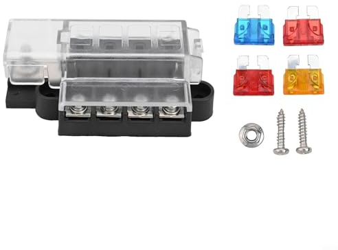 Jotekonoby 4-Gang-Sicherungskasten für ATO-ATC-Sicherungen, 12 V, 24 V, Klemmleiste mit M5-Plusbolzen, schwarzes Gehäuse und transparente Abdeckung, Automobil-Ma