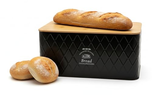 BigDean Brotkasten mit Deckel aus Bambus - Brotbox Metall Brotkasten schwarz Brotaufbewahrung Brotkorb mit Deckel Brot Aufbewahrungsbox