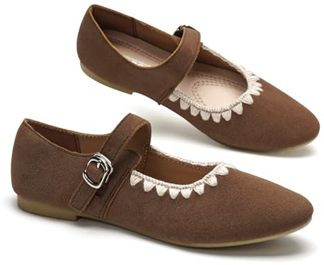 GLAMORA Bailarinas Mujer con Hebilla Cierre Rápido Zapatos Planos Punta Redonda Mary Jane Cómodos Ajuste Seguro Borde Decorativo Cosido Calzado Primavera Verano Moc brown-39