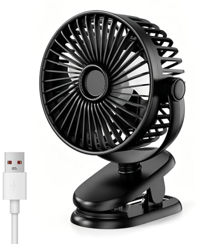 PIuertoRick Mini USB Clip Fan, Clip and Desk Personal Fan with Sturdy Clamp, 720° Rotation, 4 Speeds Cooling Wind by USB Plug In, for Home, Office and Desk（2400 mAh battery）