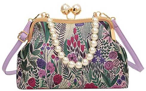 Bolso de Mano con Flores Bordadas inspiradas Estilos Tradicionales Bolso Bandolera para Mujer con Cadena de Perlas Bolso de Estilos Tradicionales