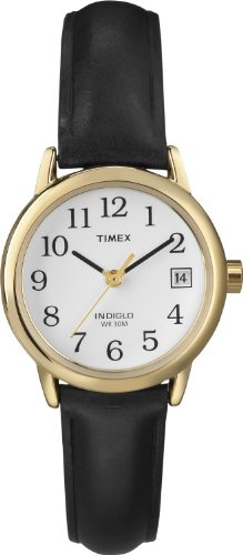 Timex Women's Easy Reader 25mm Watch – Gold-Tone Case White Dial and Date with Black Leather Strap