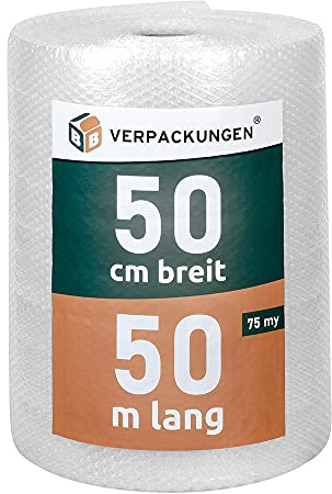 BB-Verpackungen 2x PREMIUM Luftpolsterfolie 0,5 x 50 m 3-lagig (2 Rollen) - 75 my stark, extrem robuste Noppenfolie, sehr leicht, 100% recycelbare Bubble Wrap Folie
