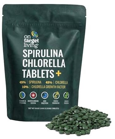 On Target Living Spirulina Chlorella + CGF | 1000 Supergreen Tablets | Vegan | Immune Support | High in Protein | Alkalyzing | Nutrient Dense | Energy | Recovery