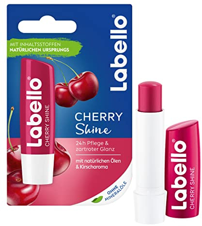 Labello Cherry Shine Lip Balm with Soft Red Shine and Shimmer Pigments and Cherry Flavours, Lip Care without Mineral Oils