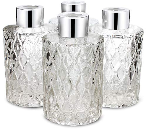 Frandy House Glass Diffuser Bottles Floral Design with Silver Caps Refillable Diffuser Jars Set of 4-4 High, 120ml 4.1 fl oz. round shape, Fragrance Accessories Use for Diy Reed Diffuser