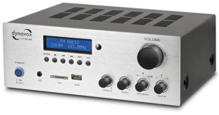 Dynavox VT-80 MK amplificatore stereo compatto, 4 terminali di altoparlanti a vite, telecomando per ingressi digitali (USB, scheda SD), antenna BT integrata e radio FM, argento