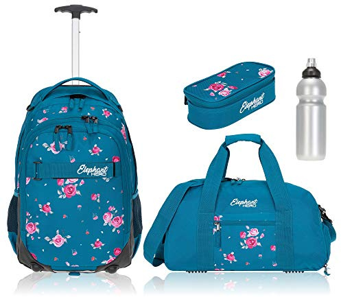 Elephant Schultrolley Rucksack Trolley 12848 Blue Flower 4tlg Set tsmf | Hero Signature Mädchen Kinder Schule Schulrucksack mit Rollen Räder Trolly Sporttasche Mäppchen Trolleyrucksack Blumen