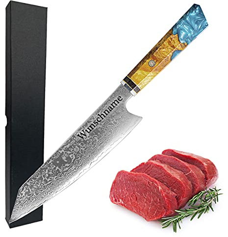 polar-effekt Damastmesser 20 cm Japanmesser 67 lagig mit gravierten Wunschname - personalisiert mit Gravur - Küchenmesser Damast-Stahl - Kochmesser - Extrem scharf für Hobby und Profiköche