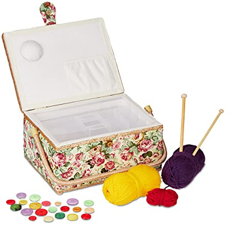 Relaxdays Nähkästchen, ohne Inhalt, entnehmbare Einlage, mit Deckel, tragbar, Vintage Blumen Design, Stoff Nähkorb, bunt, 17 x 31 x 23 cm