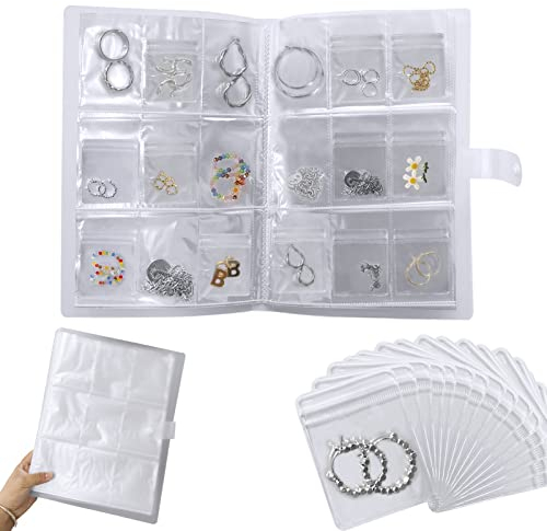 Wensdr Libro de almacenamiento de joyas transparente de 288 rejillas con 100 bolsas con cremallera, organizador de joyas portátil de viaje para anillos, collares, pulseras