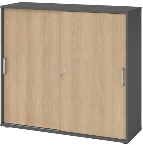 bümö Schiebetürenschrank 3OH - Aktenschrank abschließbar, Sideboard Schrank mit Schiebetüren in Graphit/Eiche, Chromgriff - Büroschrank aus Holz mit Schiebetür, Büro Kommode für Ordner & Co.