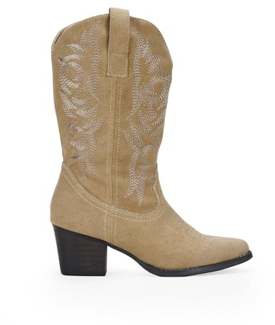 BOSANOVA Botas Cowboy para Mujer confeccionadas en Ante con Detalle de Costuras a Tono, caña de 28.5 cm y tacón en Bloque de 5'5 cm. Cierre con Cremallera. Calzado para Mujer Arena 36