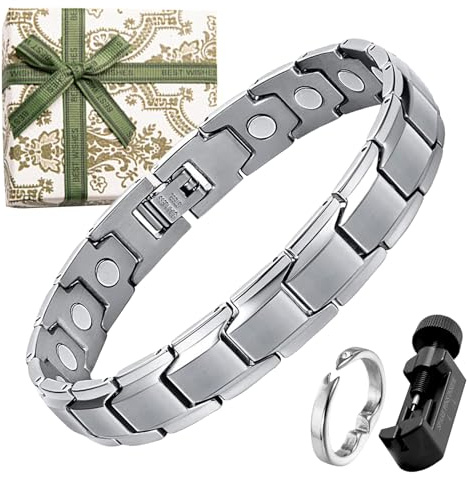DGUSO Bracelet Magnétique Homme, Bague, Bracelet en Acier Titane avec Ajusteur et Boîte Cadeau (Argent)