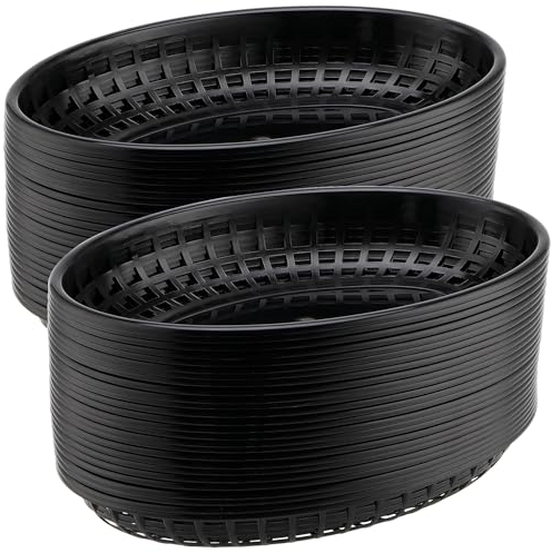 MAHIONG 60 Pack Oval Food Baskets, Plastic Fast Food Baskets, Black Food Serving Basket for Chip, Burgers, Sandwiches, Picnics, Parties, 23x14.5x4cm