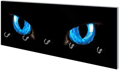 Wallario Wandgarderobe aus Glas in Größe 80 x 30 cm mit Memoboard-Funktion, Motiv: Blaue Katzenaugen bei Nacht | 5 Kleiderhaken zum Aufhängen von Jacken