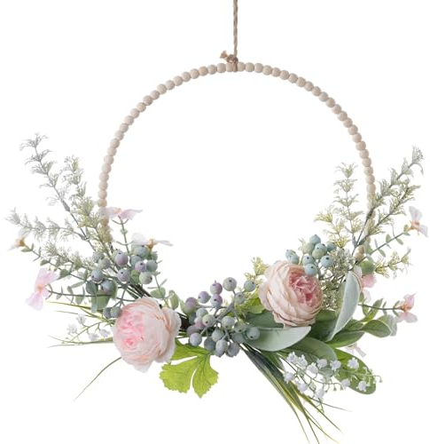 LOMOHOO Holzperlen Kranz,Frühlingskranz aus künstlichen Blumen,Pfingstrosen-Kranz für die Haustür,Sommerkranz mit grünen Blättern,Perlen,weißen Glockenblumen für die Wand Haus Hochzeit Dekoration