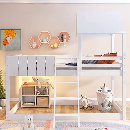 Huayz Wooden Cabin Beds, Treehouse Canopy, 3 FT Single Loft Bed with Ladder and Guard Rail, Mid-Sleeper Bunk Beds Shaped with Space-Saving Design(White-90 * 190 cm)
