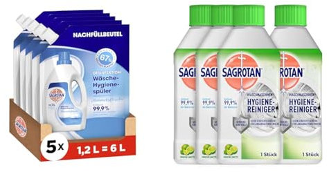 Sagrotan Wäsche-Hygienespüler Himmelsfrische Nachfüller für hygienisch saubere und frische Wäsche – 5 x 1,2 l + Waschmaschinen Hygiene-Reiniger Limette für eine hygienische Waschmaschine – 4 x 250 ml