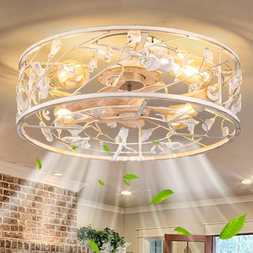 KZT Leise Vintage Deckenlampe mit Ventilator 50CM Rustikal Deckenventilator mit Beleuchtung und Fernbedienung E27 Kristall Eisenkäfig Fan Deckenleuchte für Schlafzimmer Wohnzimmer Küche Lüfterlicht