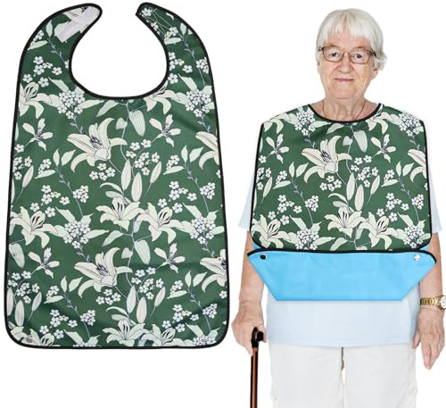 VEGCOO Adult Bibs for Elderly Women Men, Waterproof Dinning Bibs Reusable Adult Bib with Crumb Catcher, Washable Bib Mealtime Clothing Protectors for Elderly, Adults and Disabled(Lily Style)