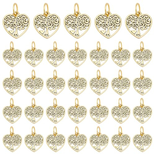 PH PandaHall 60pz Ciondoli Albero Della Vita, Ciondolo A Forma Di Cuore, Tibetani Dorati Antichi, Pendenti A Forma Di Albero Cavo, Ciondoli In Lega Per La Creazione Di Gioielli, 18.5x17mm