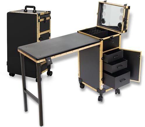 Portable Nail Desk with 3 Drawers and Wheels, Foldable Rolling Manicure Table with Blueteeth Speaker and Nail Polish Organizer, Lockable Makeup Case with Mirror & TSA Lock for Nail Tech and Salon