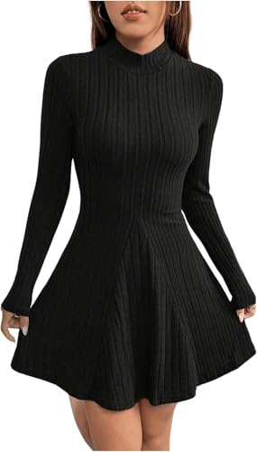 TrendiMax Women's Long Sleeve Mini Dress Ribbed Knit Mock Neck Ruffled A Line Casual Sweater Dresses
