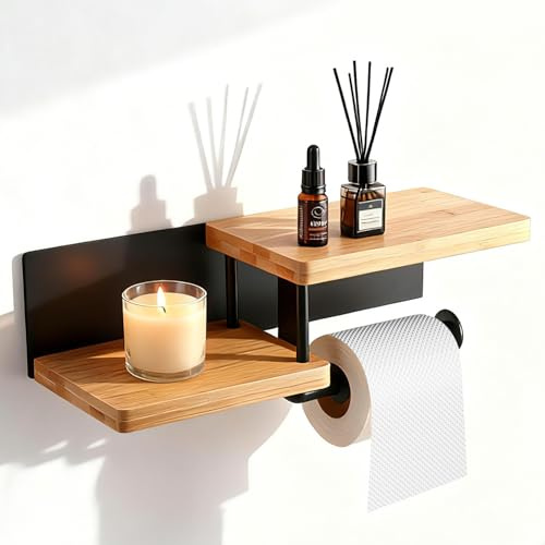 Zaxiva Porte Papier Toilette avec étagère Pratique, Support Papier Toilette Mural en métal et Bambou Durable, dérouleur Papier Toilette Stable avec Montage à vis pour Salle de Bain et WC invités