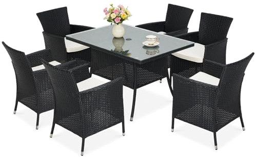 Warmiehomy Rattan Garden Table and Chairs Set 7 Pieces Garden Dining Set 150x90cm Rectangular Patio Table with Parasol Hole Tempered Glass Top and 6 Seater Wicker Armchairs with Seat Cushions, Black