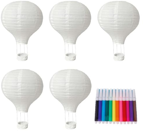 6 Stück Deko Heißluftballon, Heißluftballon Lampions Weiß, 5 Stück 20 cm Weiße Papierlaternen Mit 12 Farbigen Malstiften, Ideal Für Hochzeit, Geburtstag, Geeignet als Zimmerdekoration