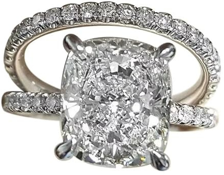 Hsitgexf Elongated Cushion Cut Cubic Zirconia Band Engagement Wedding Rings for Women,White Gold Plated Bridal Half Eternity Sparkle Stackable CZ Ring Promise Set 2 PCS, Size 6-10（8）