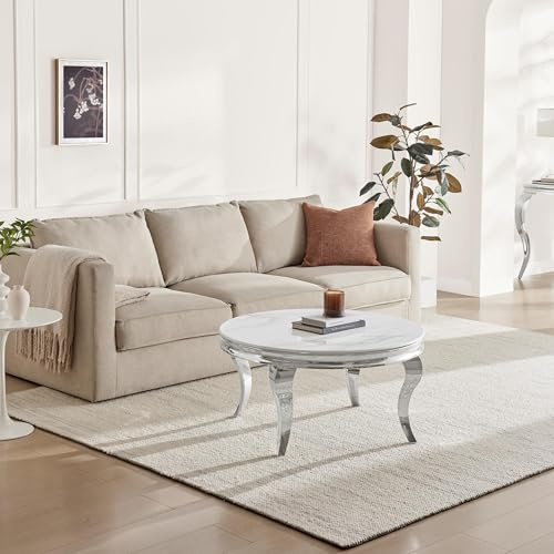 Furniturebox UK Living Room Furniture, Skye White Marble Effect Round Coffee Table, Bevelled Glass Top & Silver Stainless Steel Legs with Rococo Flair, Sleek Elegant Modern Table