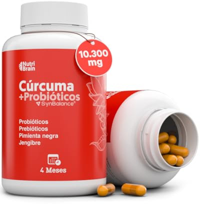 NutriBrain Cúrcuma con Probióticos y Prebióticos, 10300mg, 125 Cápsulas, con Jengibre y Pimienta Negra, Suplemento Antiinflamatorio y Digestivo, 4 Meses de Suministro