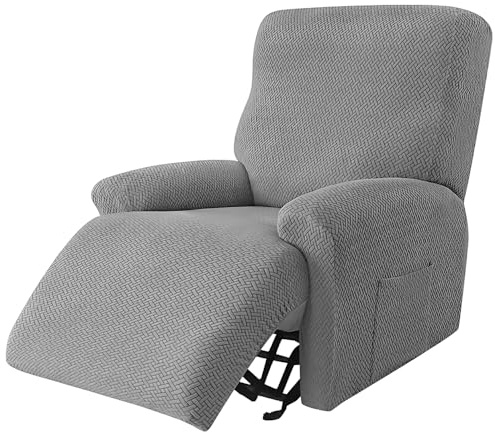 NAVESO 4 Pezzi Copripoltrona Relax Reclinabile, Copri Poltrona Elettrica con Tasche, Copripoltrona 1 Posto con Braccioli Elasticizzato per Poltrona TV, Poltronas Reclinabile (Grigio Chiaro)