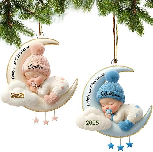 Custom Baby's First Christmas Ornament, Moon Acrylic Keepsake, Custom 2D Babys First Christmas Bauble 2025, Baby Ornaments for Xmas Tree, Unique Family Ornament Hanging Decorations, Keepsake Gifts
