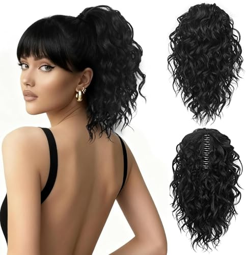 Ponytail Cheveux Naturel Afro 30cm Postiche Queue de Cheval Avec Pince Bohemian Ponytail Extension Curly Synthétique Fausse Queue de Cheval pour Femmes (Noir)