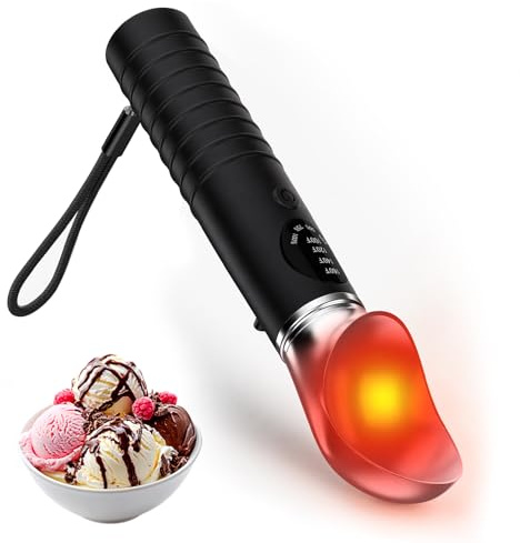 Cuchara de helado calefactable de acero inoxidable, 3 velocidades de temperatura (49 °C/60 C/71 °C) para helados duros y gelato, carga rápida USB-C con pantalla LED, resistente al agua (IP67), cuchara