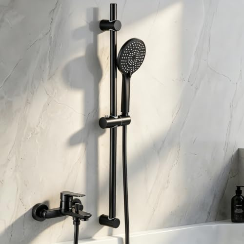 Auralum Badewannenarmatur Schwarz, Duschset mit 3-Funktionen Handbrause und 70cm Duschstange, Wannenarmatur aus Messing mit Wanneinlauf & 1,5m Duschschlauch, Duschsystem für Badewanne