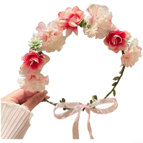 PureBowlic Blommigt pannband för kvinnor, handgjord boho blomkrona med konstgjorda vinstockar, mjukt hårtillbehör för vår- och sommarutflykter och fotograferingsrekvisita, rosa vitt guld blå (A)