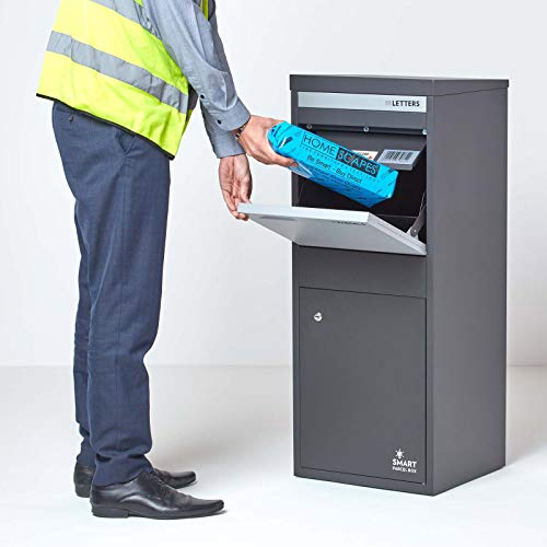 SMART PARCEL BOX Paketbox draußen, Standbriefkasten mit Paketfach, Paketbriefkasten XXL, große Postbox für Pakete Outdoor, Paketkasten Entnahme hinten & vorne, rostfrei, verzinkter Stahl, grau